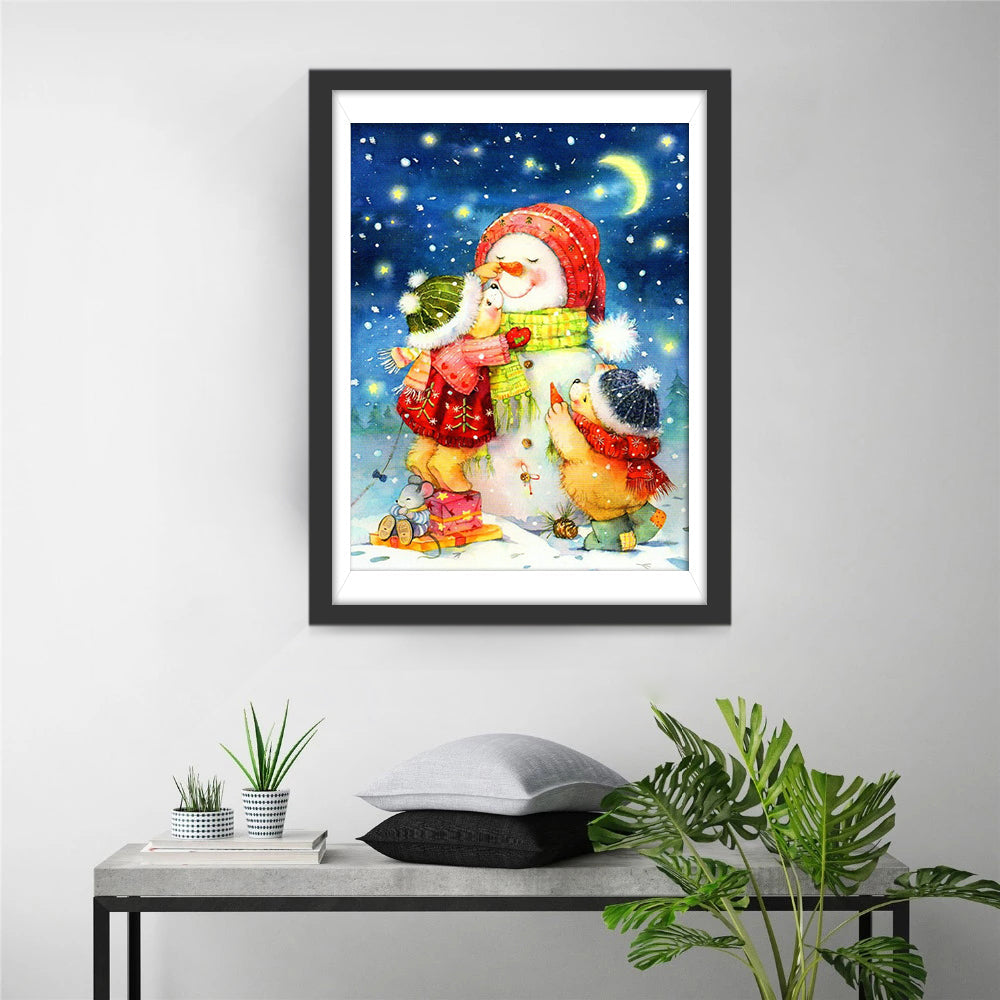 Gezellige Sneeuwpop met Blijde Kinderen in Winterse Nacht Diamond Painting