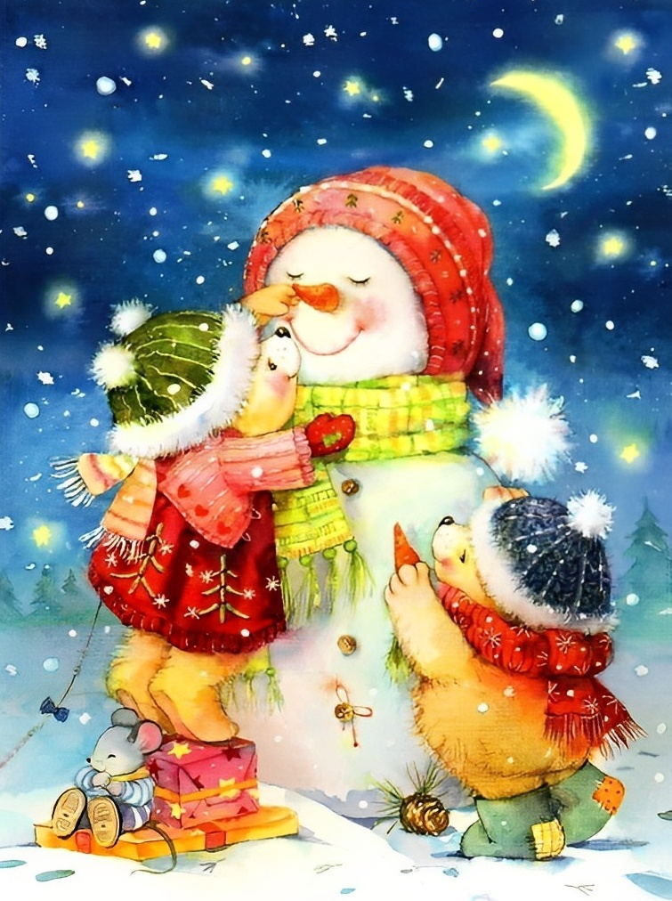 Gezellige Sneeuwpop met Blijde Kinderen in Winterse Nacht Diamond Painting