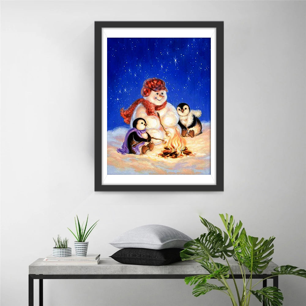 Gezellige Sneeuwpop, Pinguïns bij Kampvuur Diamond Painting