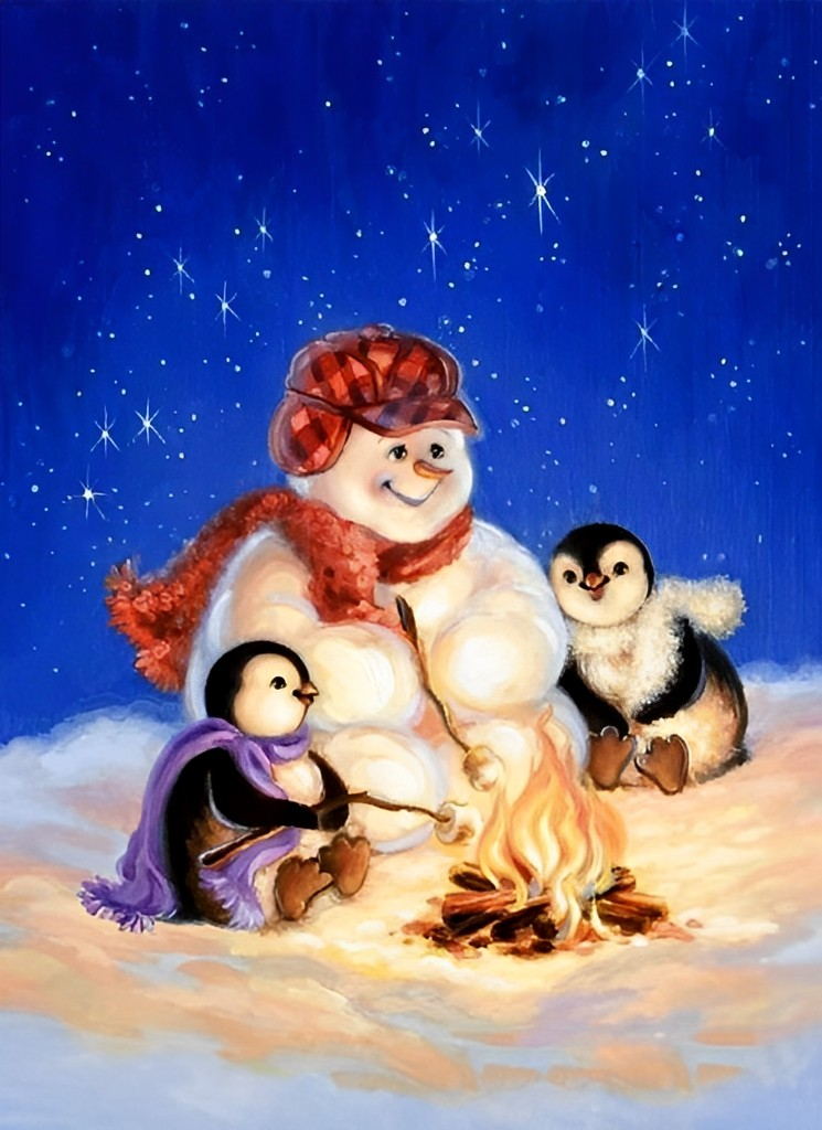 Gezellige Sneeuwpop, Pinguïns bij Kampvuur Diamond Painting