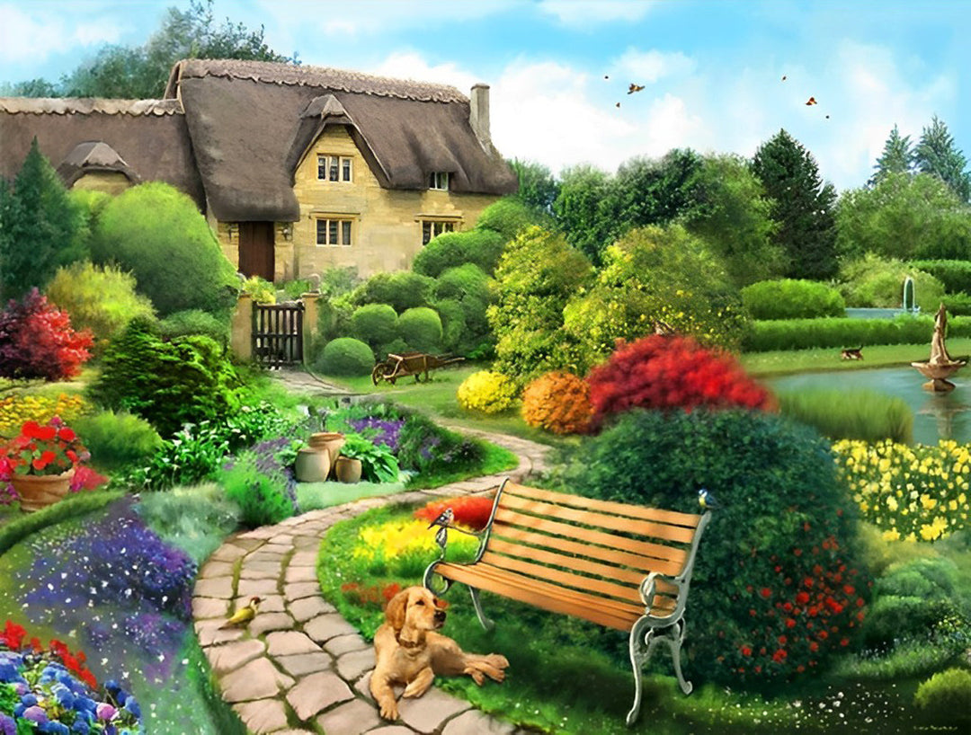 Gezellige Tuinsfeer met Bank en Huis Diamond Painting
