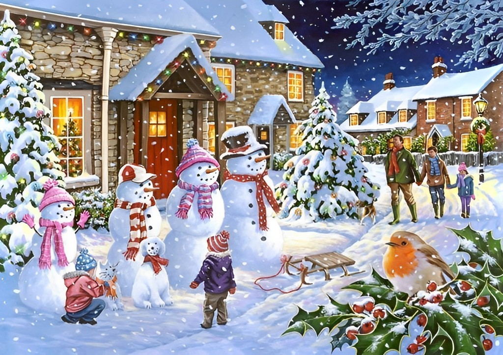 Gezellige Vrolijke Kerstbuurt met Sneeuwpoppengezelschap Diamond Painting