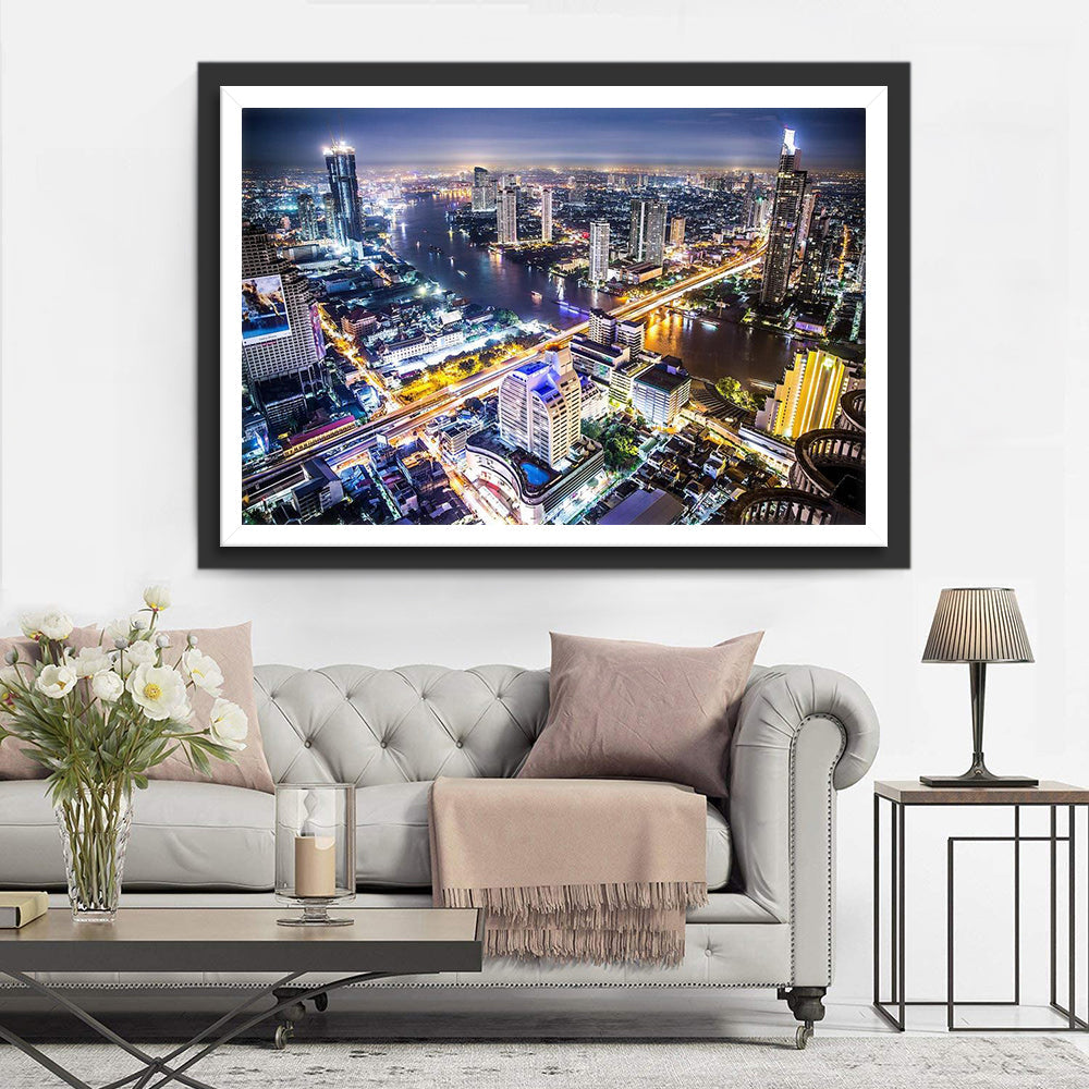 Glimmende Gebouwen en Stroom van Licht langs de Rivier Diamond Painting