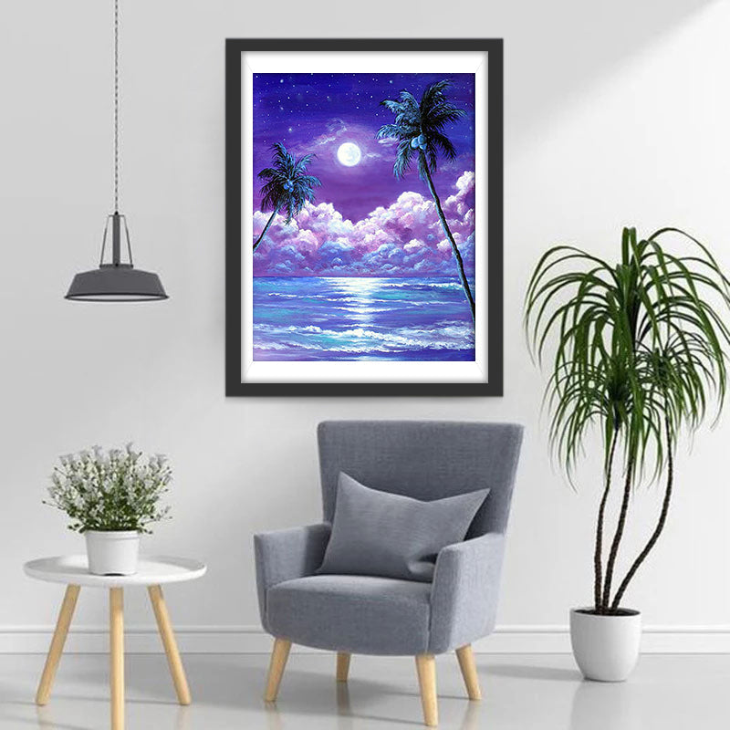 Glimmende Volle Maan boven de Purperen Zee met Palmen Diamond Painting