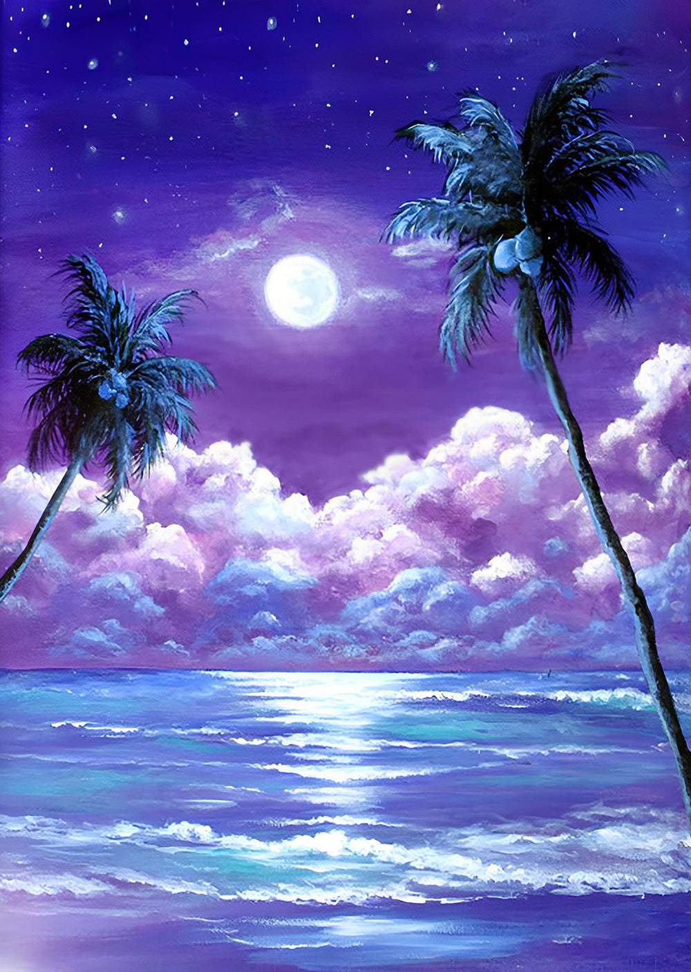 Glimmende Volle Maan boven de Purperen Zee met Palmen Diamond Painting