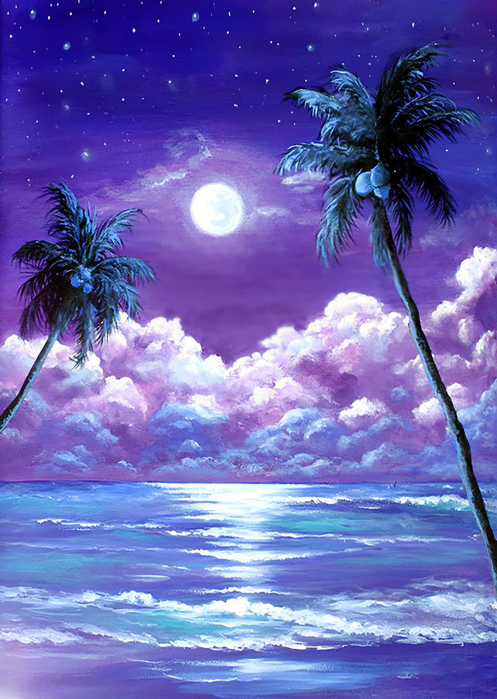 Glimmende Volle Maan boven de Purperen Zee met Palmen Diamond Painting