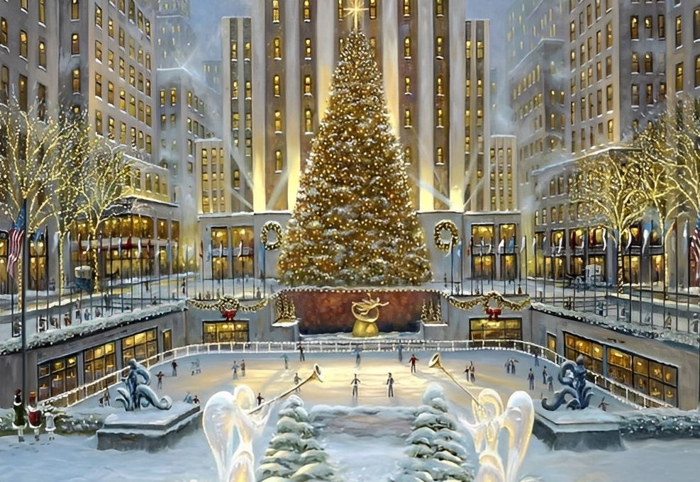 Glinsterend Kersttafereel in Stedelijk Plein Diamond Painting