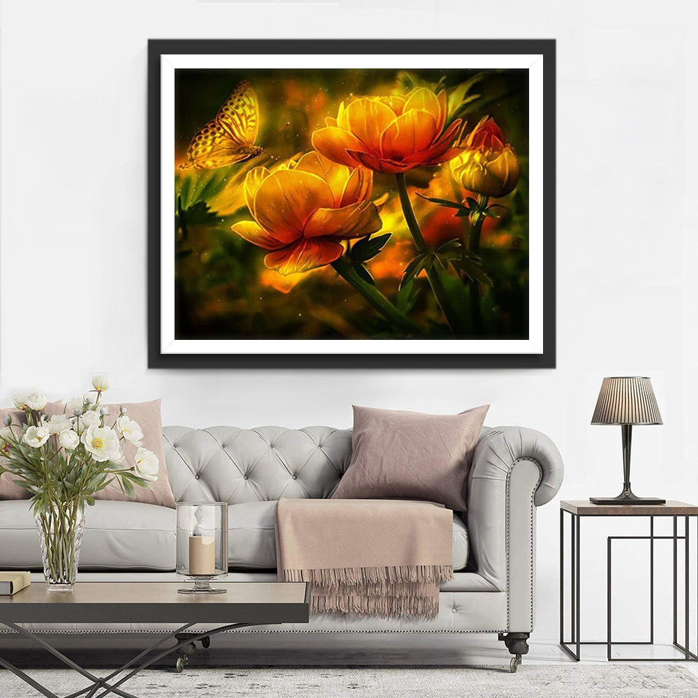 Gloeiende Bloemen en Een Betoverende Vlinder Diamond Painting