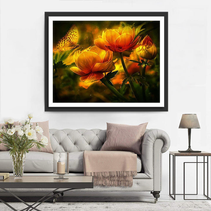 Gloeiende Bloemen en Een Betoverende Vlinder Diamond Painting