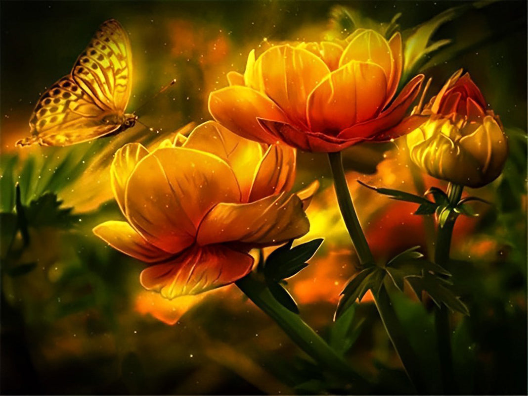 Gloeiende Bloemen en Een Betoverende Vlinder Diamond Painting