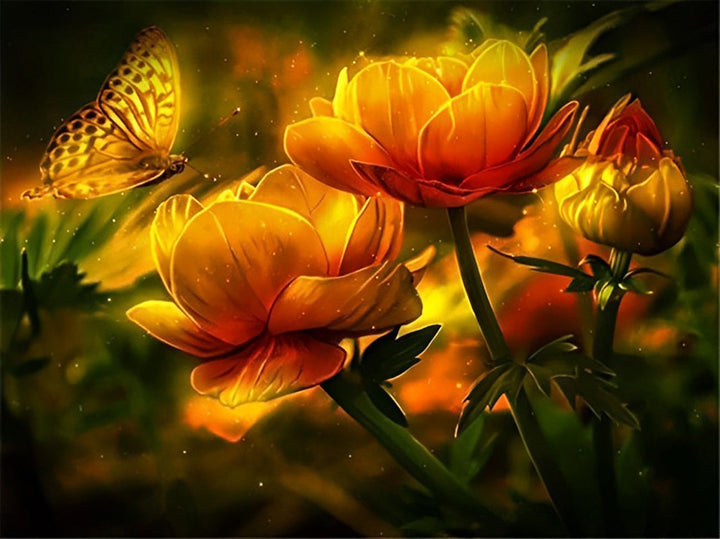 Gloeiende Bloemen en Een Betoverende Vlinder Diamond Painting