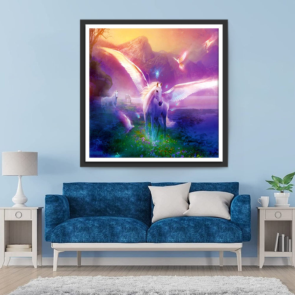 Gloeiende Eenhoorns en Vogels op de Weide bij de Beek Diamond Painting