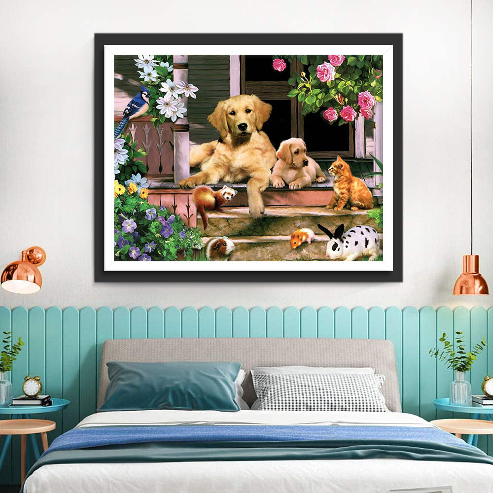 Golden Retriever en Dieren op de Trap Diamond Painting