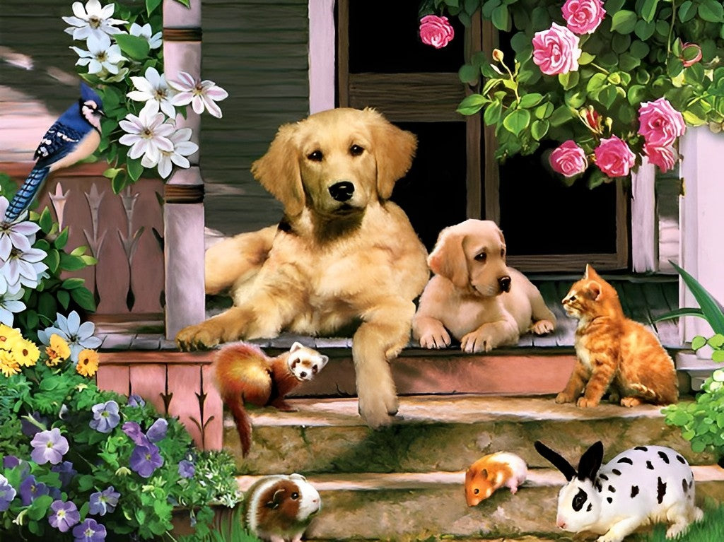 Golden Retriever en Dieren op de Trap Diamond Painting