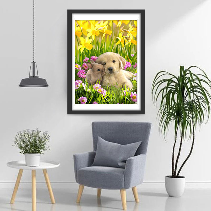 Golden Retriever en Konijn in Bloemen Diamond Painting