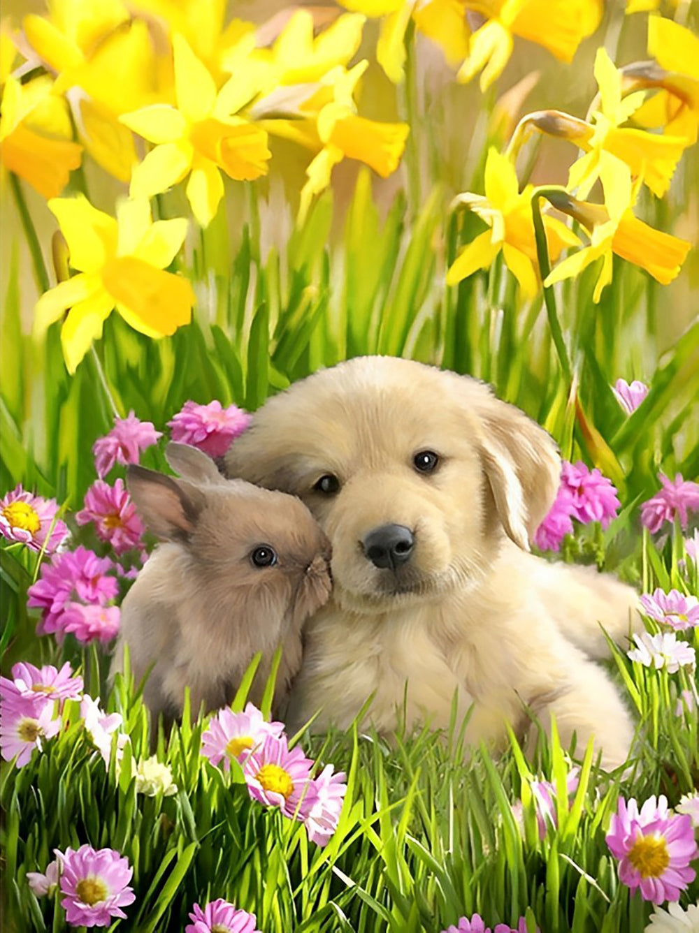 Golden Retriever en Konijn in Bloemen Diamond Painting