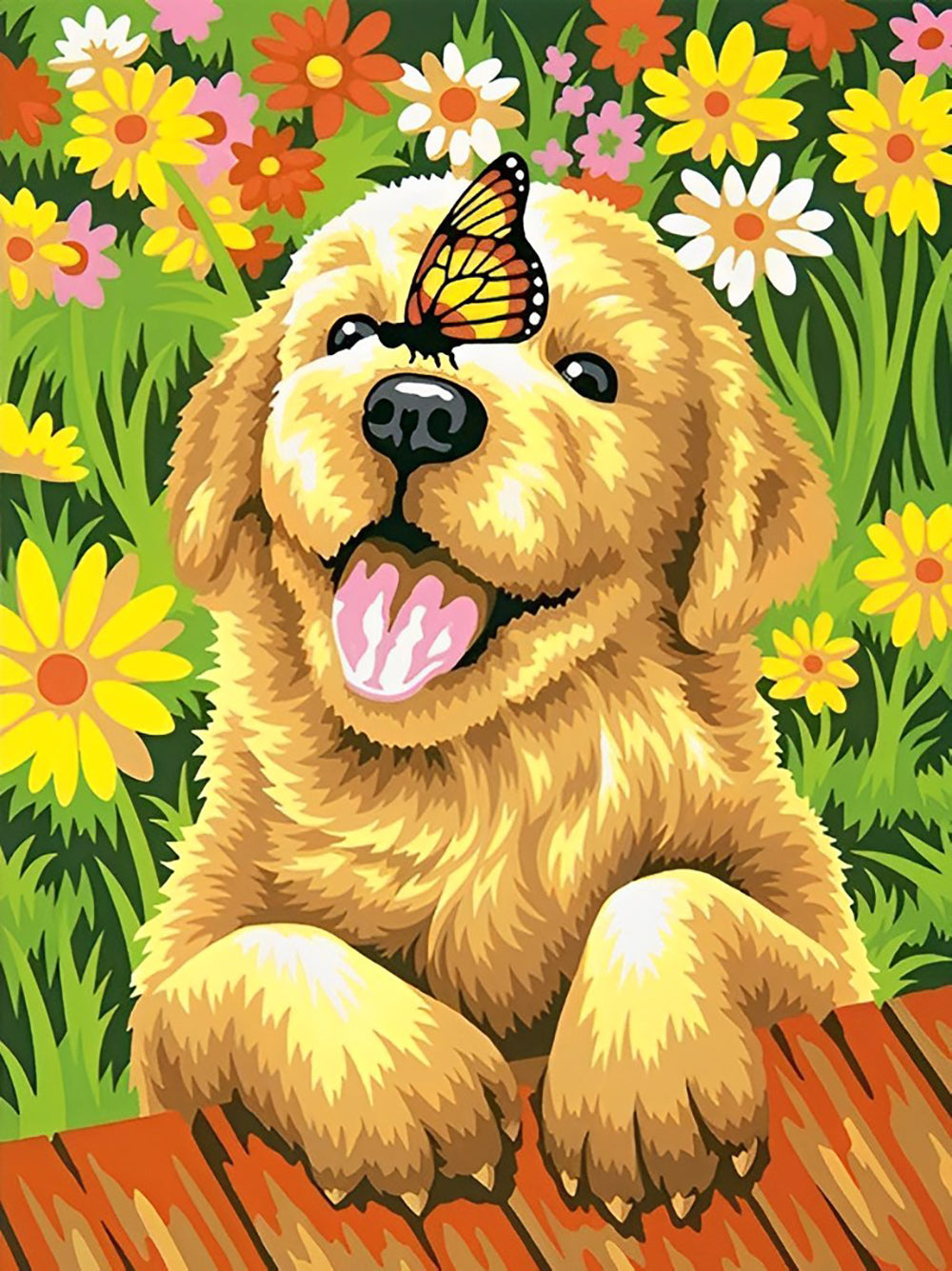 Golden Retriever en Vlinder in Bloemen Diamond Painting