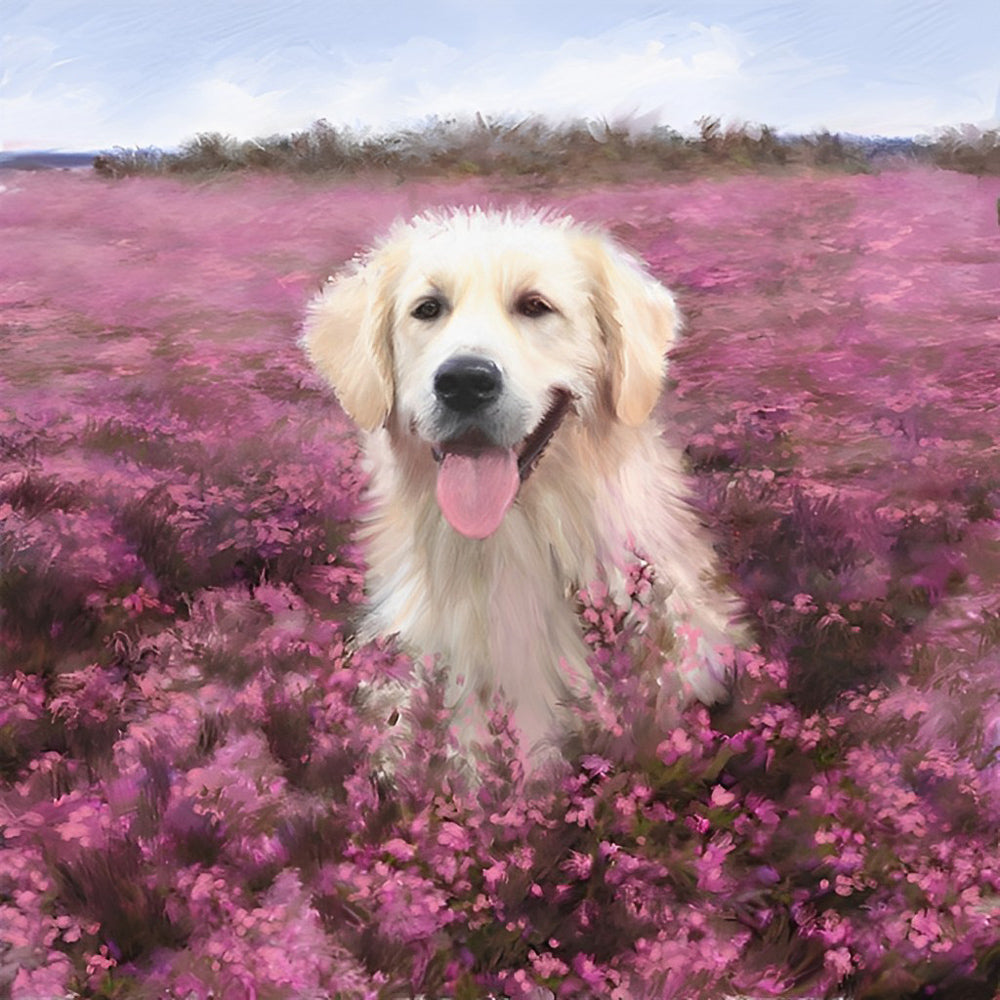 Golden Retriever in een Roze Bloemenstruik Diamond Painting