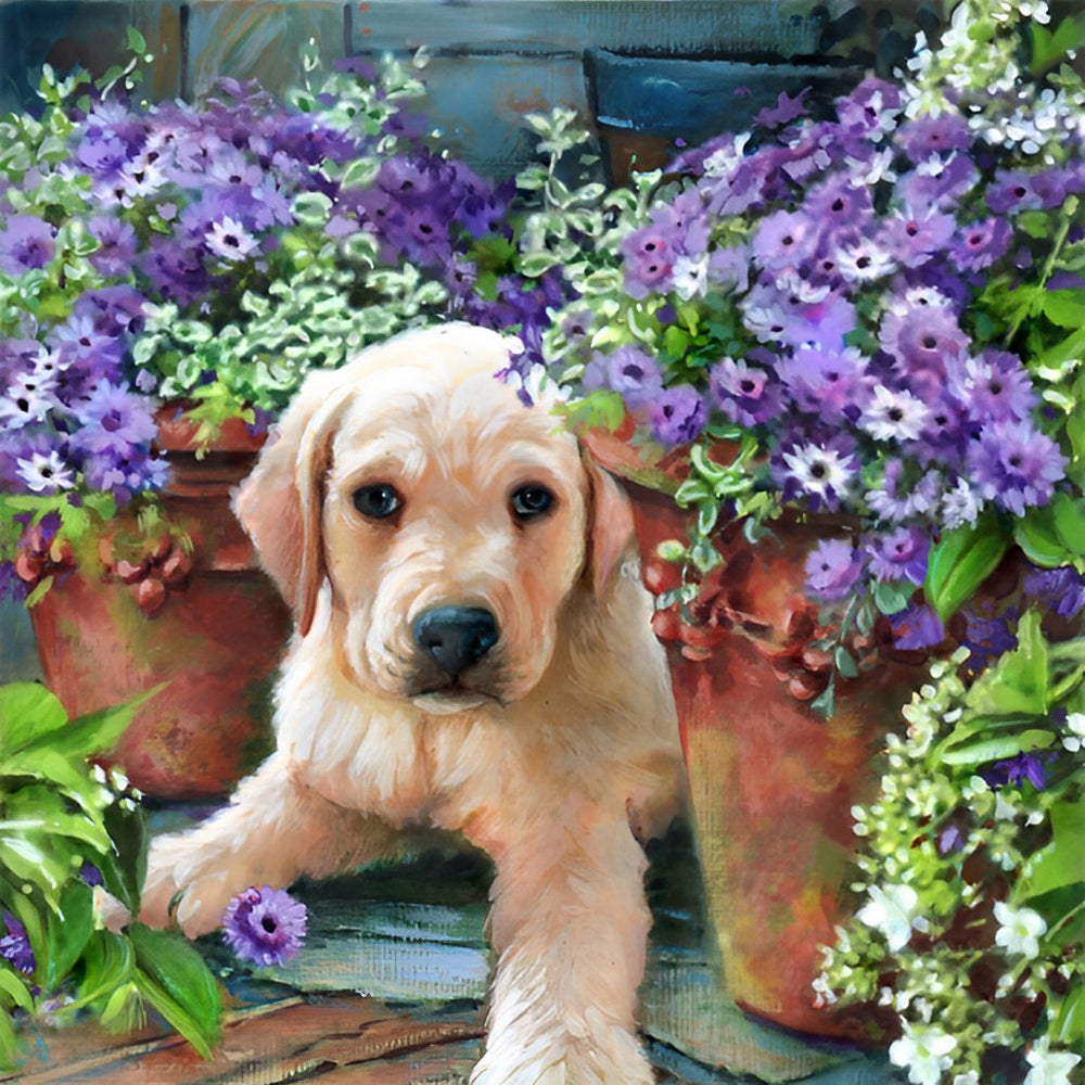 Golden Retriever in Paarse Potbloemen Diamond Painting