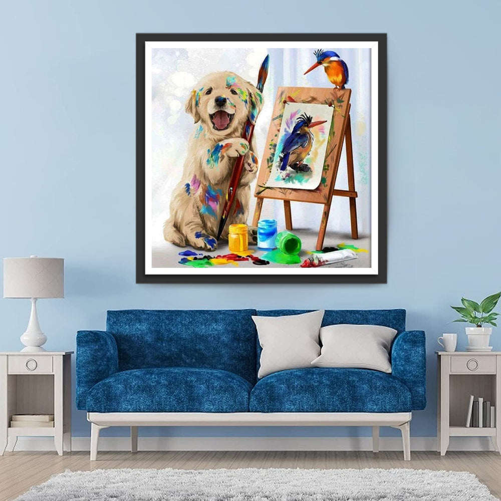 Golden Retriever Schildert Vrolijk Diamond Painting