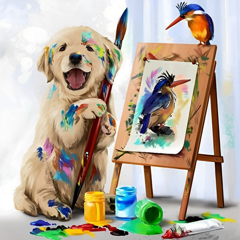 Golden Retriever Schildert Vrolijk Diamond Painting