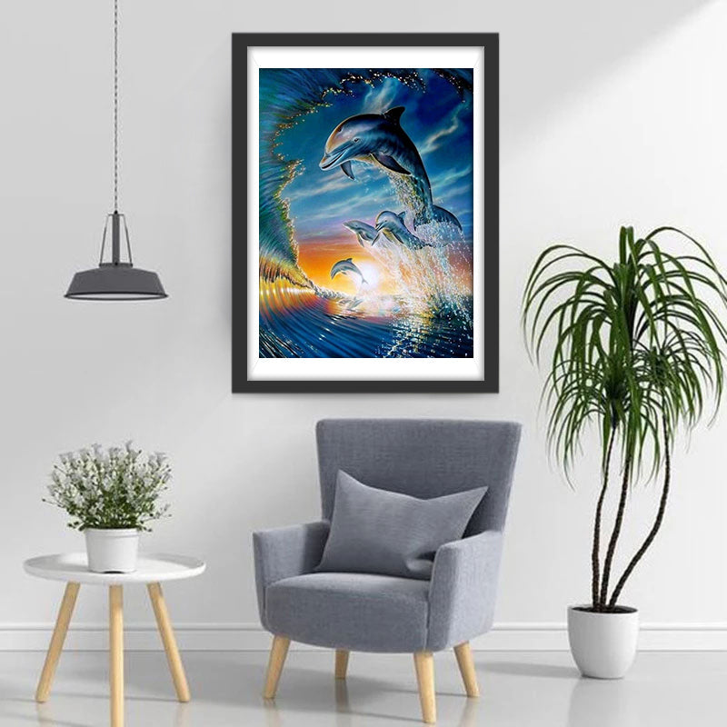 Golven en Dolfijnen Springen uit Zee Diamond Painting