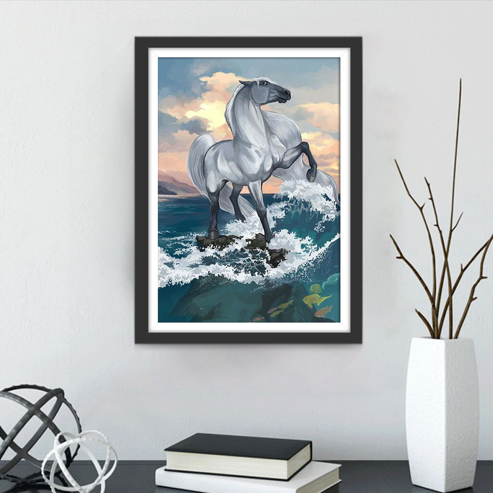 Golven en Paard met Lange Witte Manen Diamond Painting