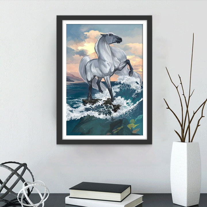 Golven en Paard met Lange Witte Manen Diamond Painting
