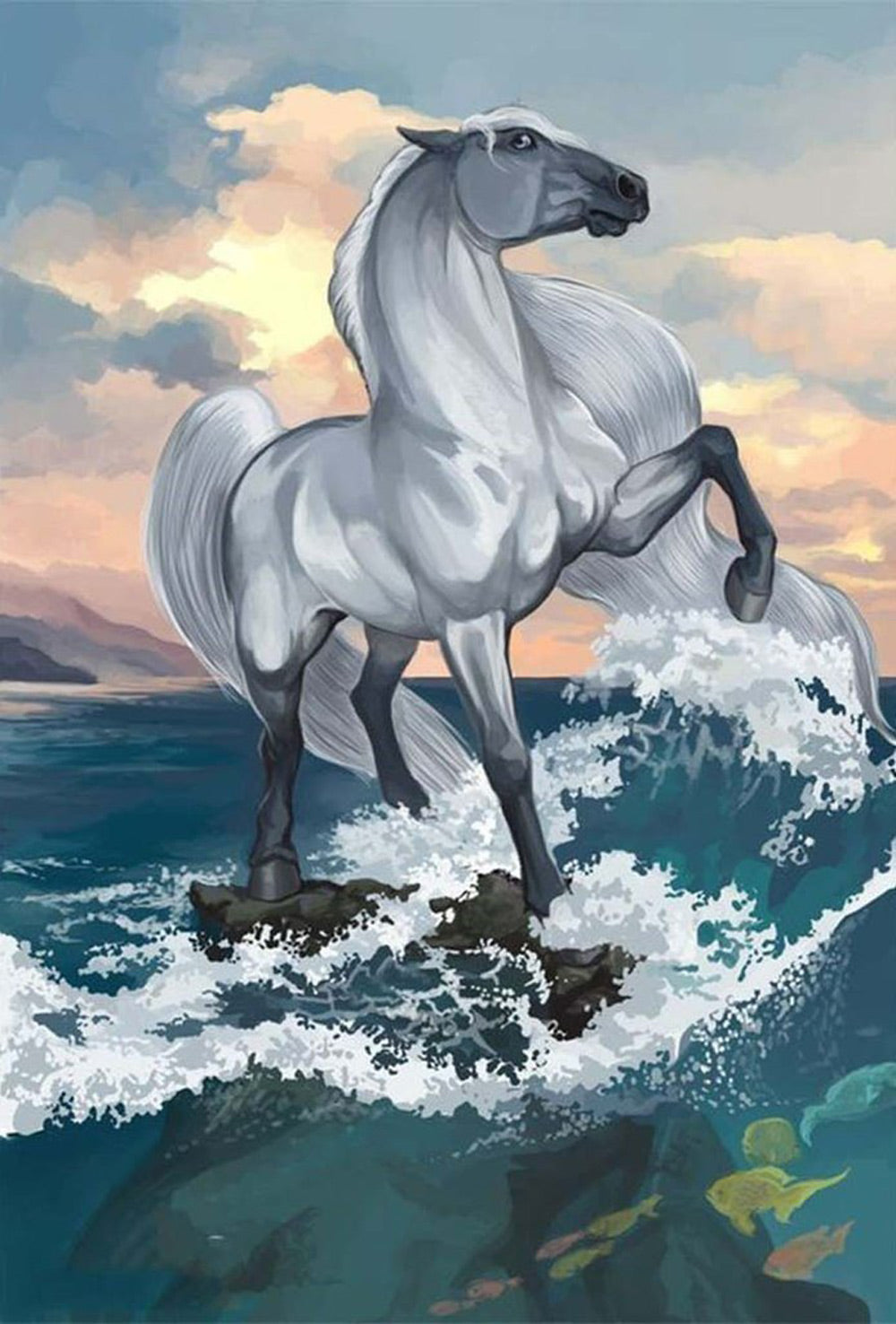 Golven en Paard met Lange Witte Manen Diamond Painting