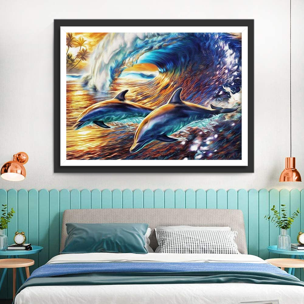 Golven en Twee Dolfijnen Diamond Painting