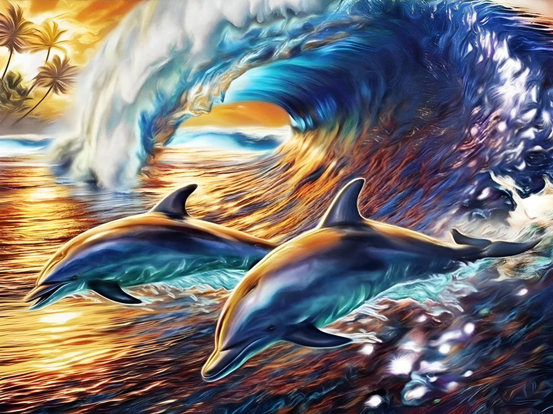 Golven en Twee Dolfijnen Diamond Painting