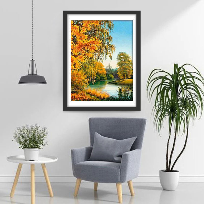 Goudgele Bomen aan het Kalme Meer in de Herfst Diamond Painting