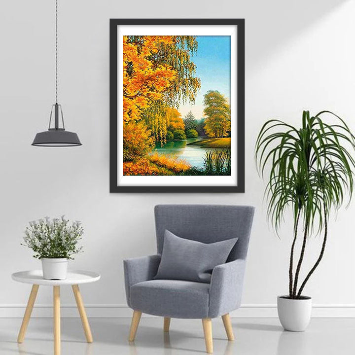 Goudgele Bomen aan het Kalme Meer in de Herfst Diamond Painting
