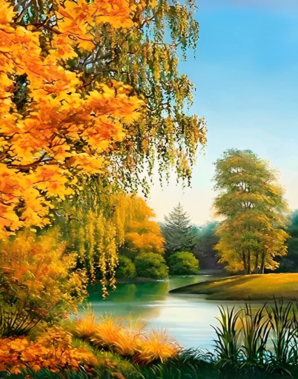 Goudgele Bomen aan het Kalme Meer in de Herfst Diamond Painting