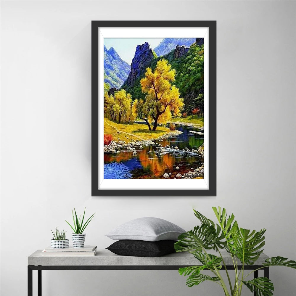 Goudgele Bomen en Kalm Water Diamond Painting