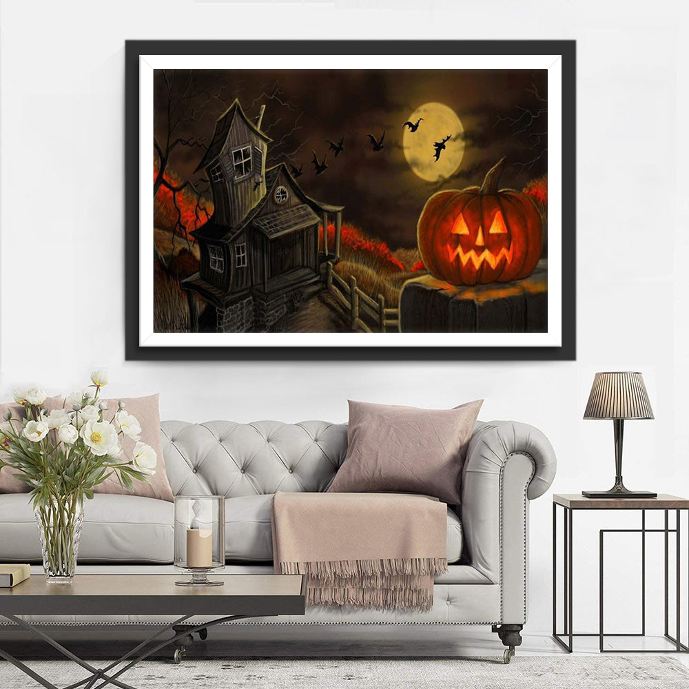 Griezelig Spookhuis en Gloeiende Pompoen bij Maanlicht Diamond Painting