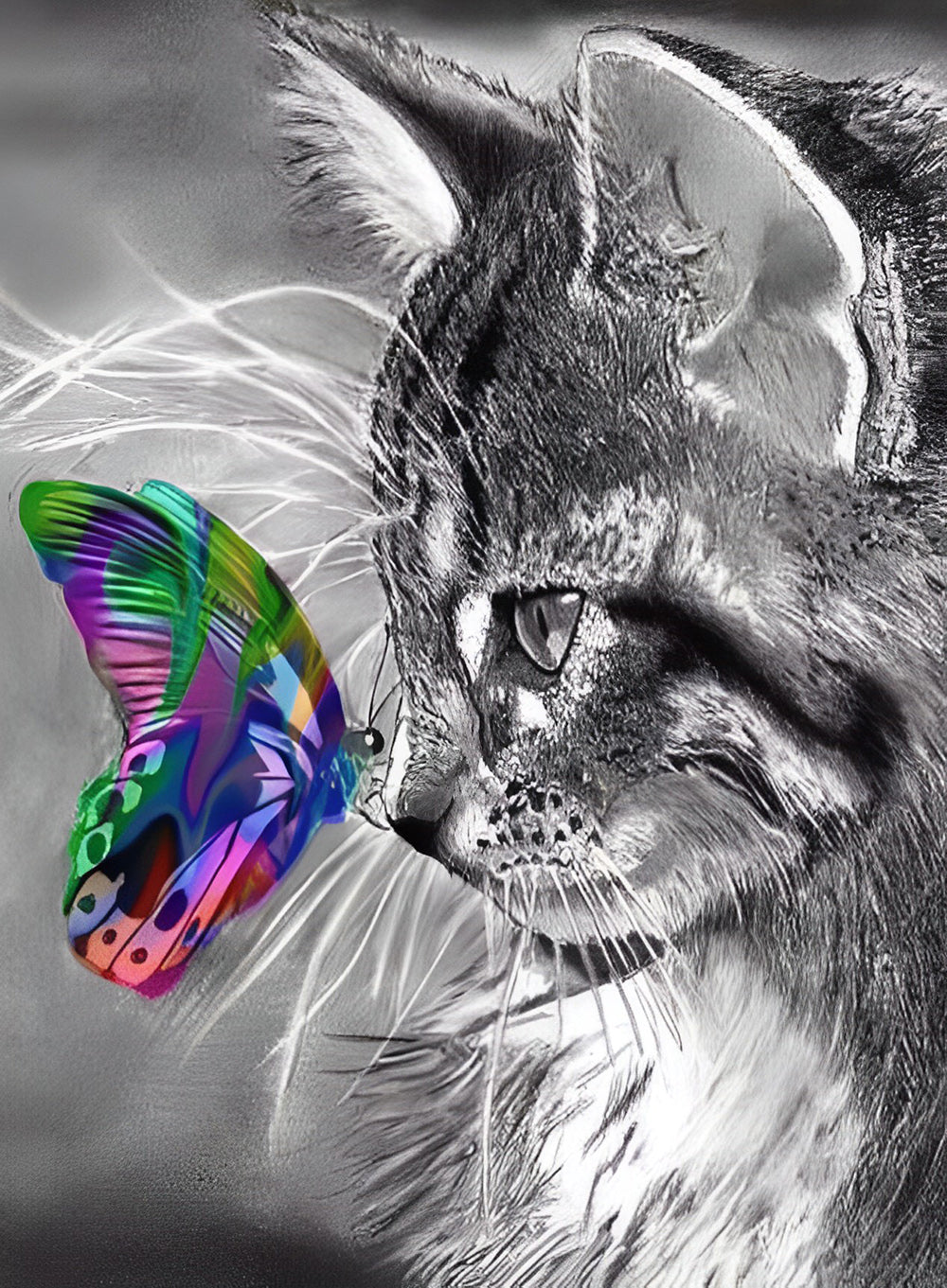 Grijze Kat en Kleurrijke Vlinder Diamond Painting