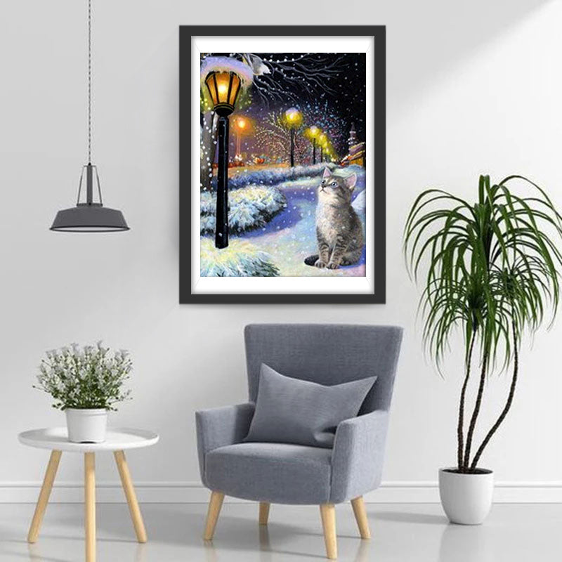 Grijze Kat in Lamplicht Diamond Painting
