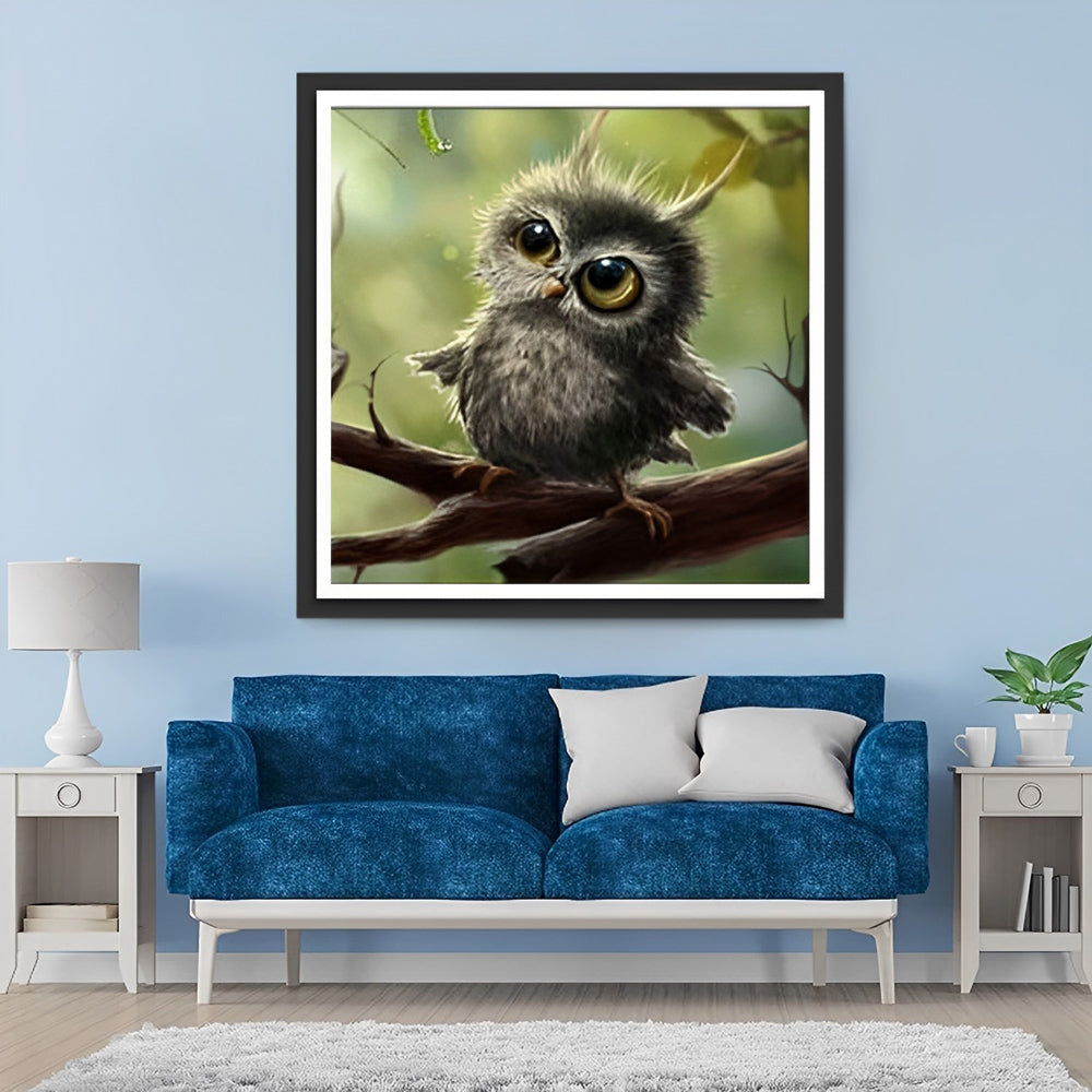 Grijze Uil op een Tak Diamond Painting