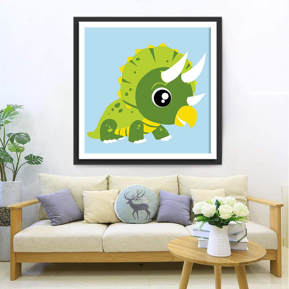 Groen Triceratopsje met Ronde Ogen en Gele Hoorntjes Diamond Painting