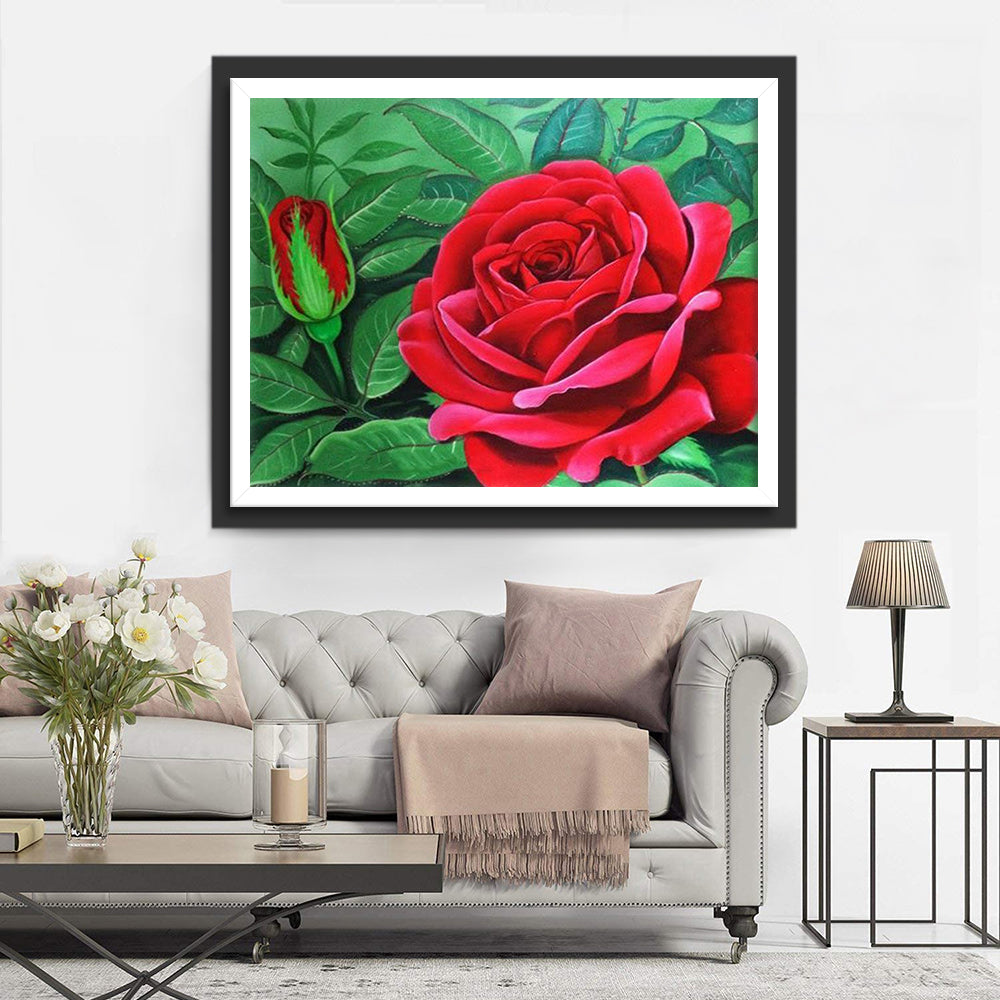 Groene Bladeren en Rode Bloemen Diamond Painting