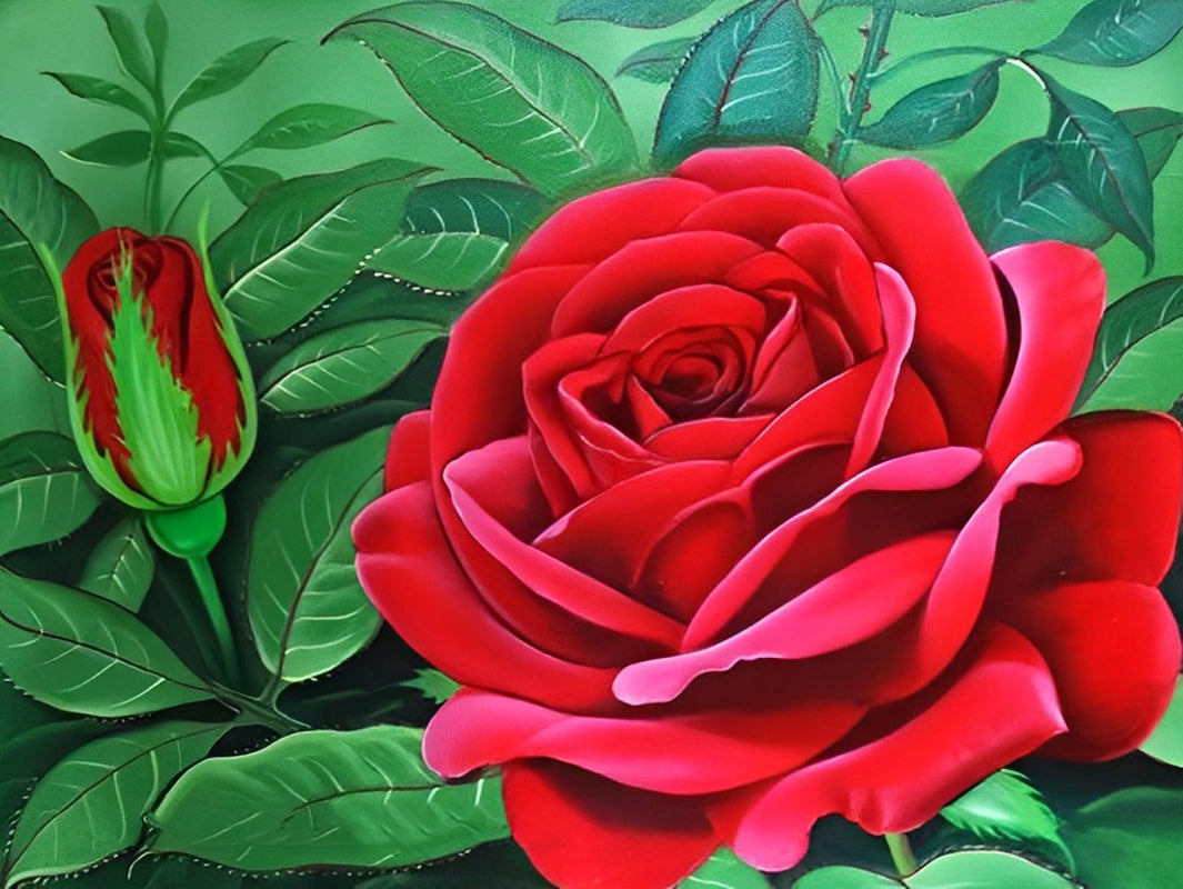 Groene Bladeren en Rode Bloemen Diamond Painting