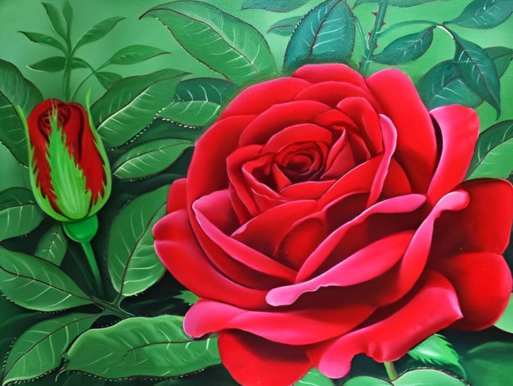 Groene Bladeren en Rode Bloemen Diamond Painting