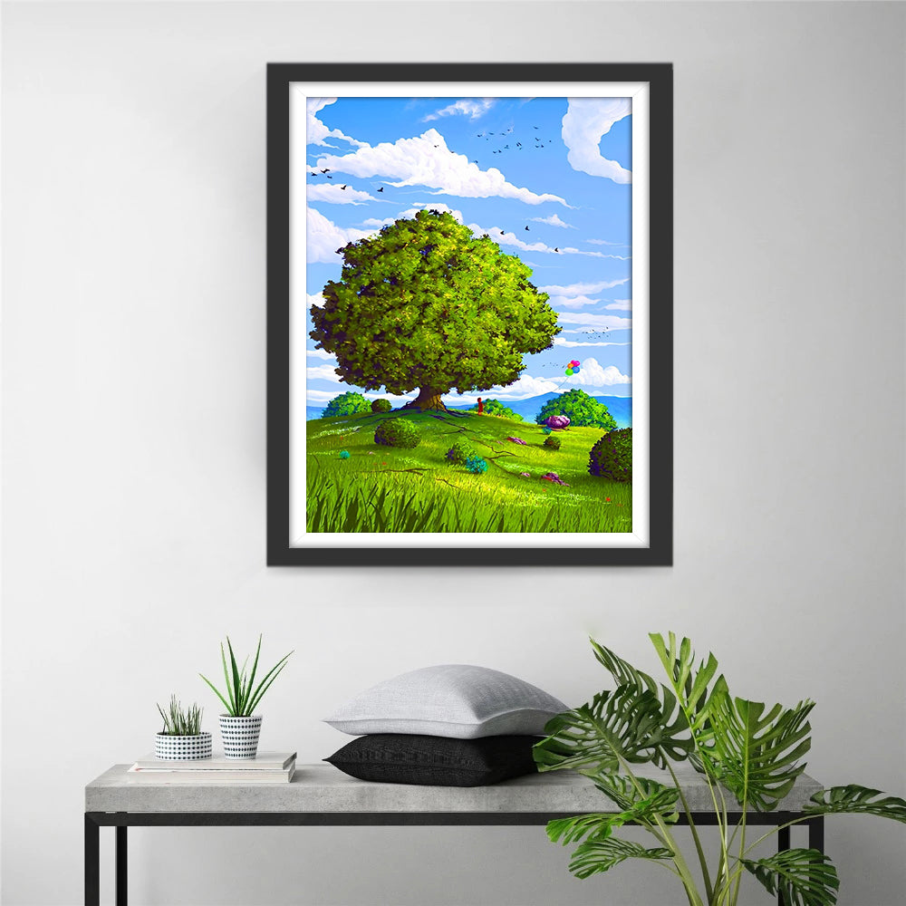 Groene Bomen onder een Blauwe Hemel en Witte Wolken Diamond Painting
