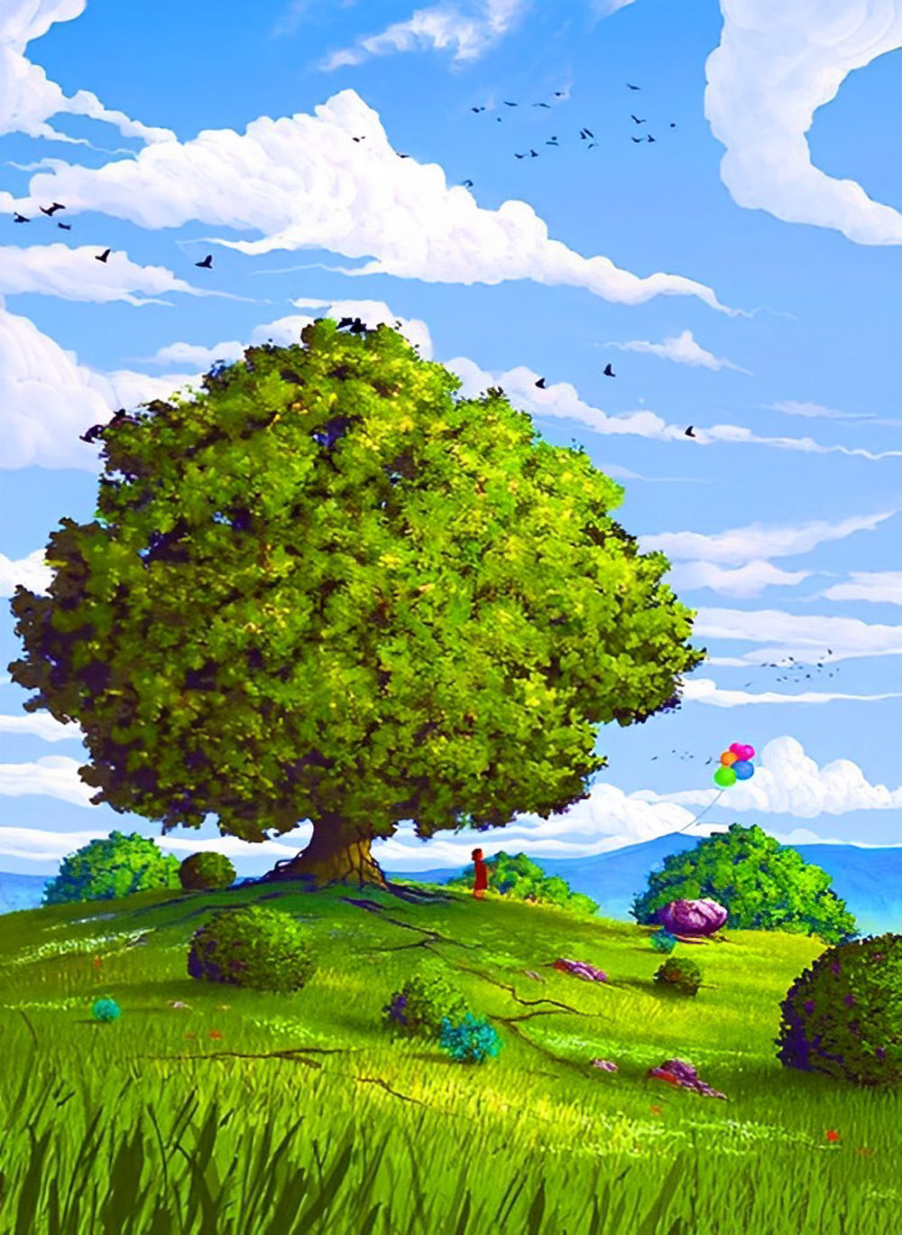Groene Bomen onder een Blauwe Hemel en Witte Wolken Diamond Painting