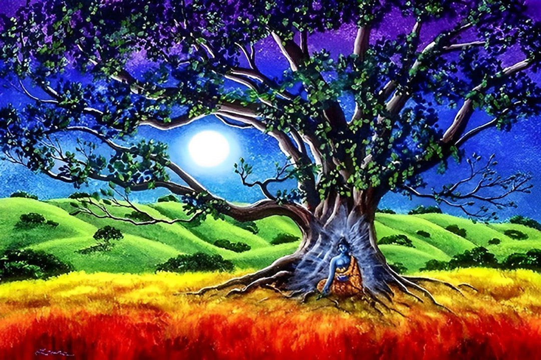 Groene Bomen op een Kleurrijke Weide Diamond Painting