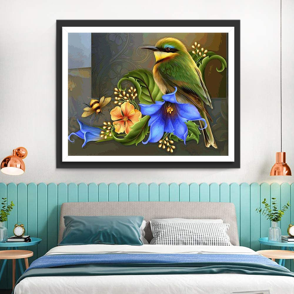Groene Vogel op de Bloemen Diamond Painting