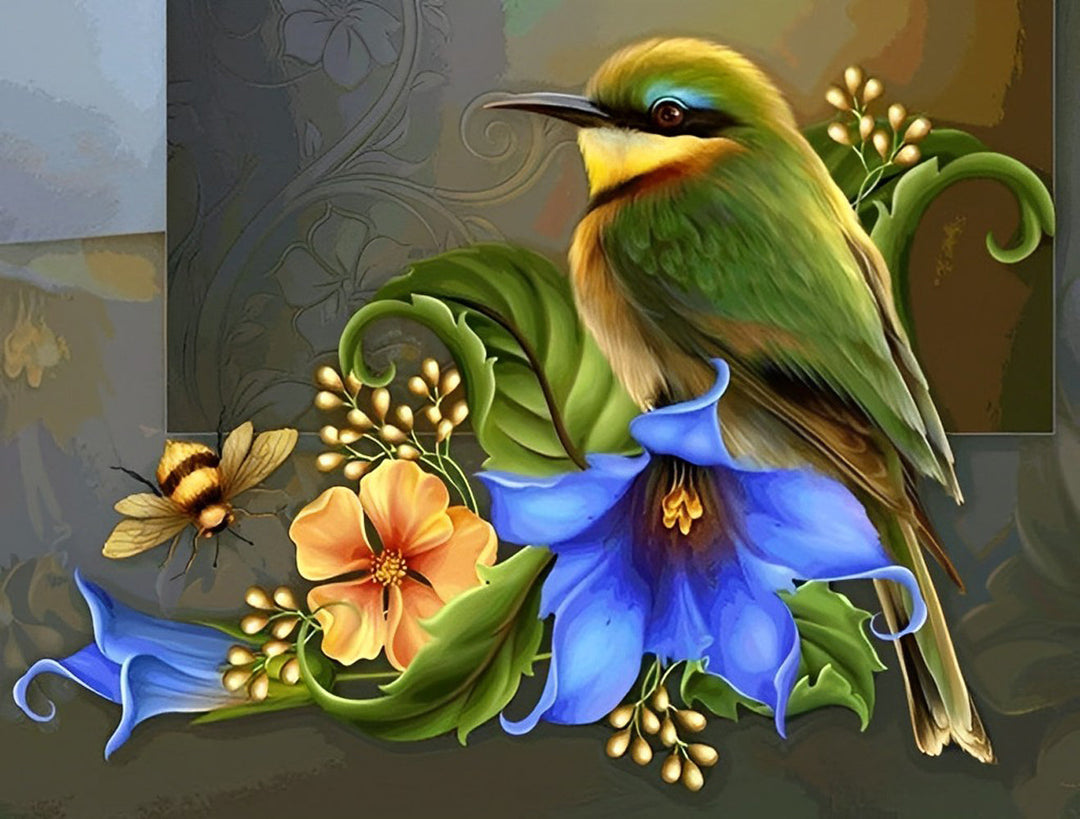 Groene Vogel op de Bloemen Diamond Painting