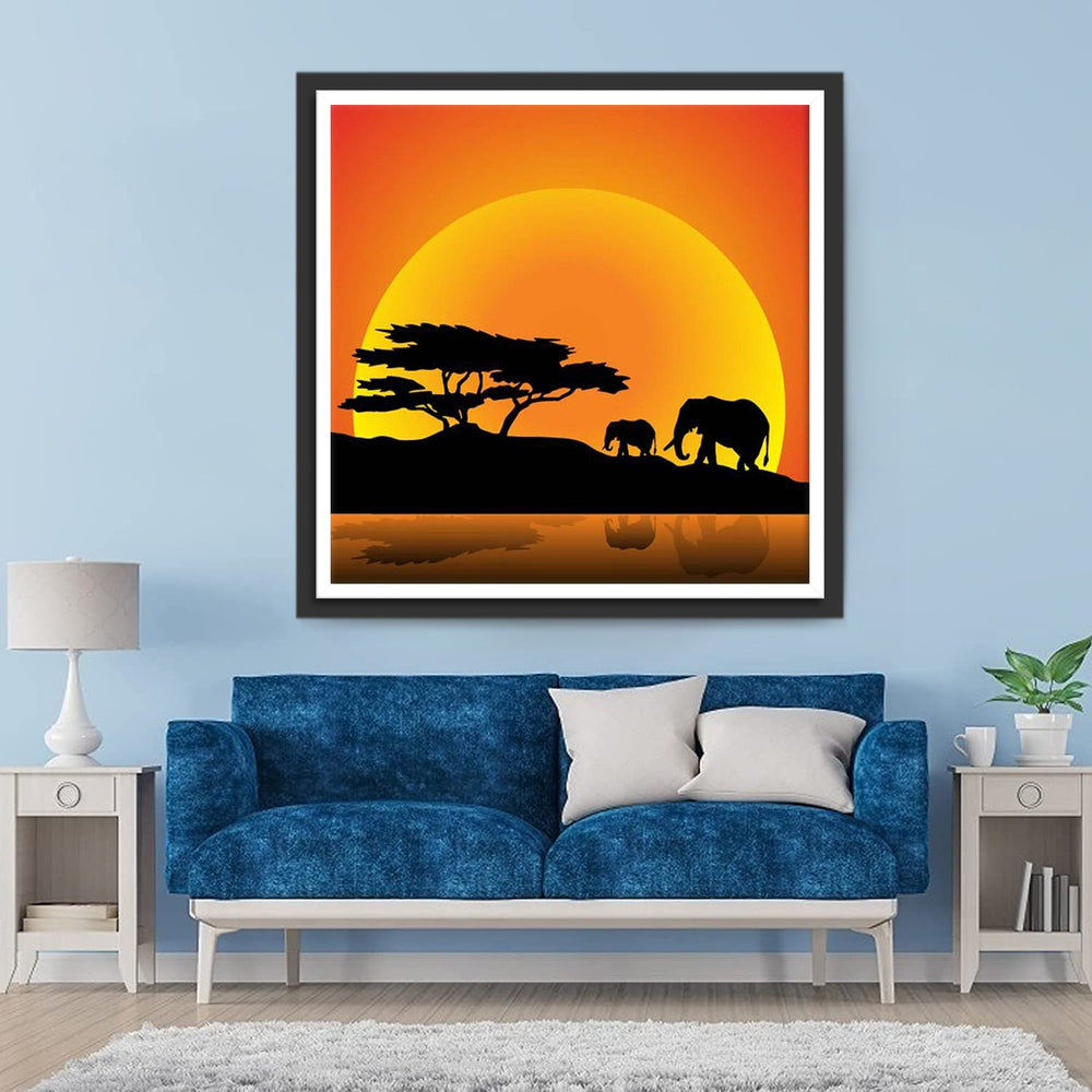 Grote en Kleine Olifanten onder de Boom bij Zonsondergang Diamond Painting