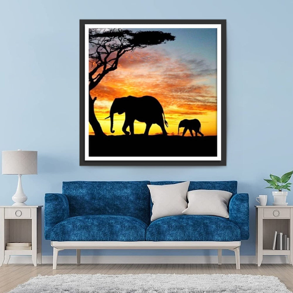 Grote en Kleine Olifanten onder de Kleurrijke Zonsondergang Diamond Painting